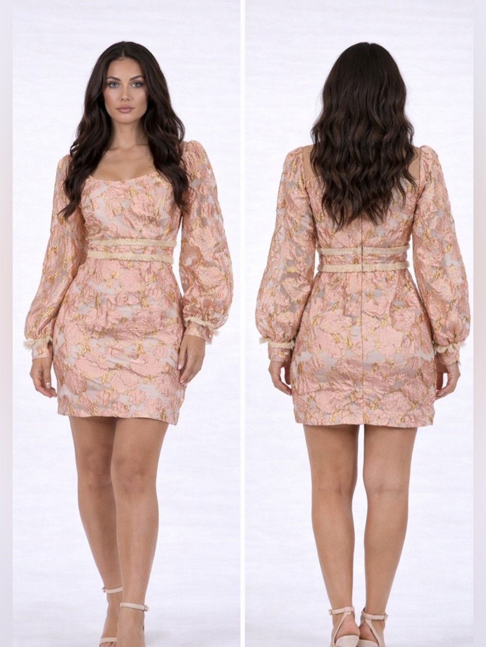 Pink Metallic Brocade Puff-Sleeve Mini Dress